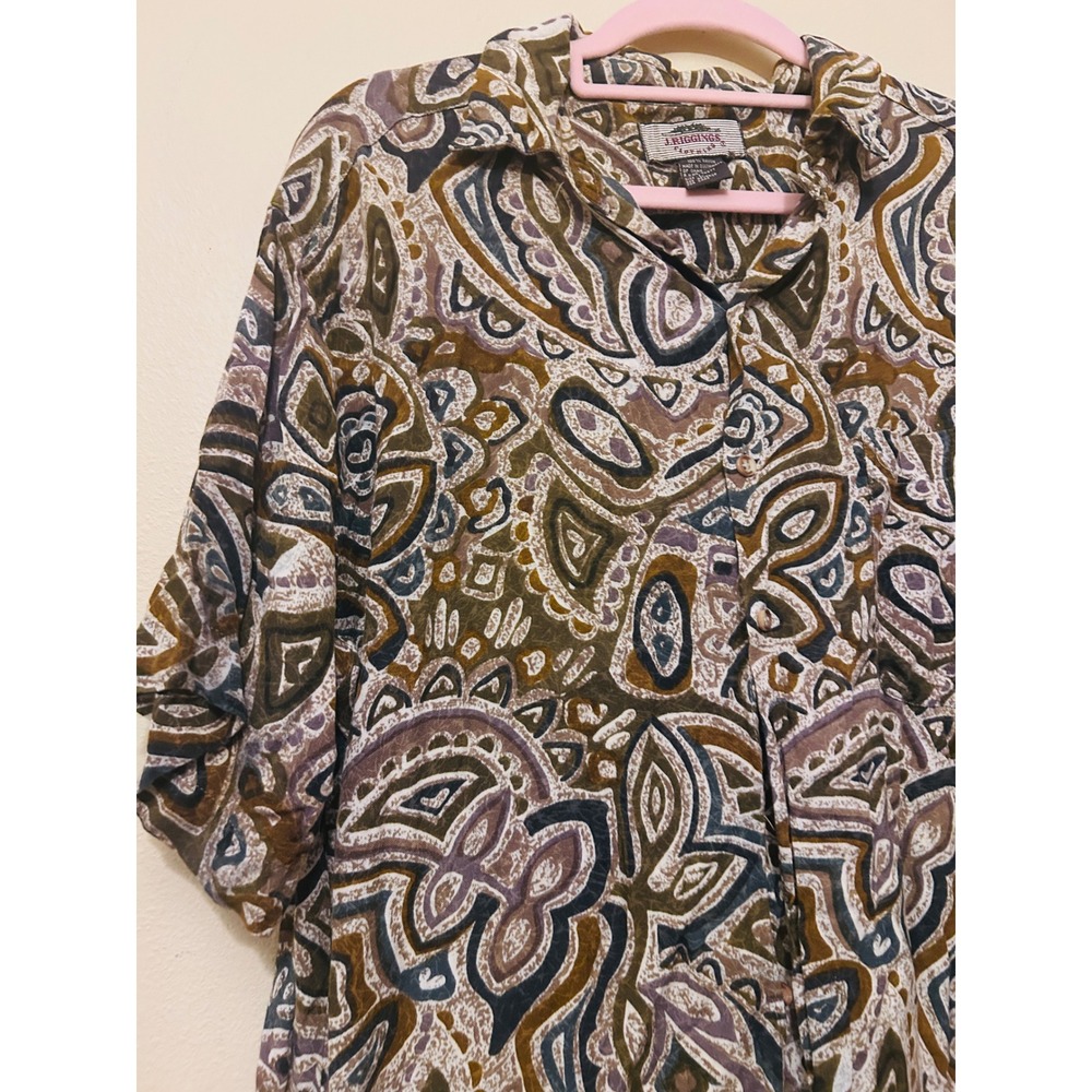 J. Riggins Button Down Shirt Mens Large Brown Excellent Vintage 90s Rayon Print